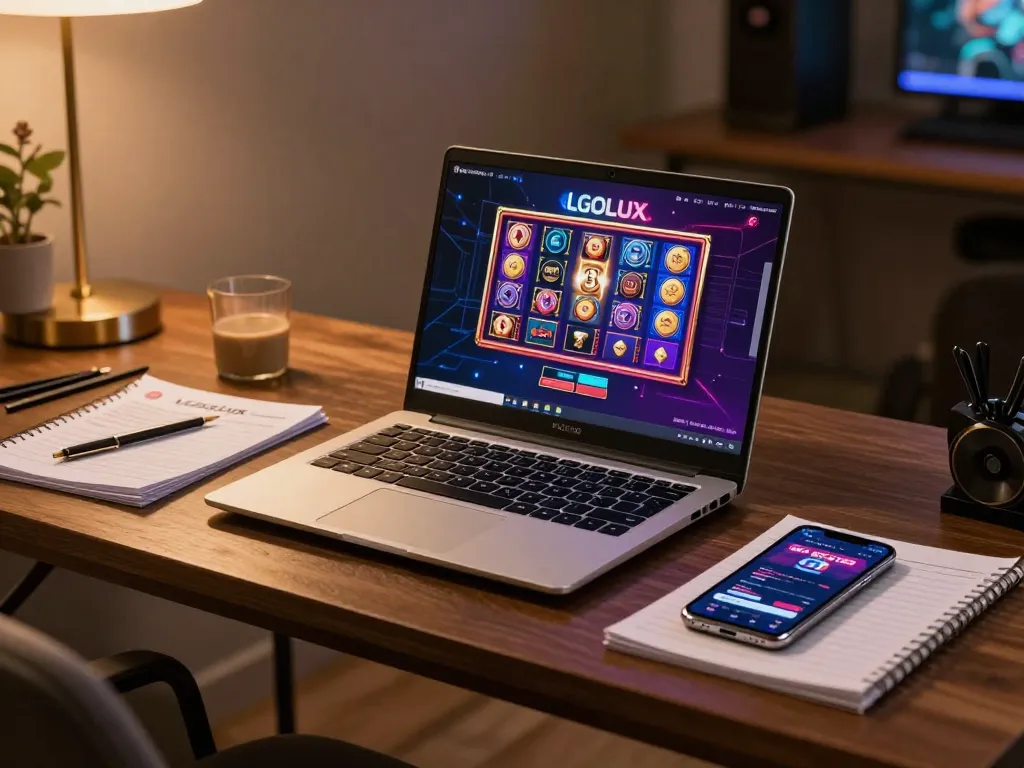 Engaging online gaming experience on the LGOLUX platform with vibrant slot graphics and strategic notes.