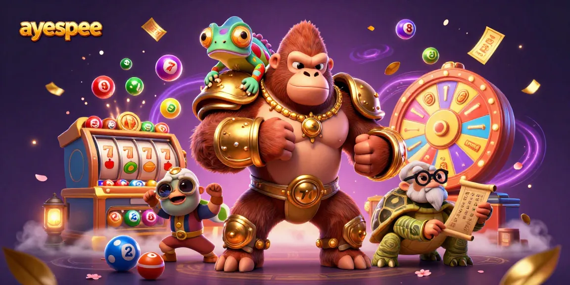 Menggunakan ayespee untuk bermain slot online yang menarik dengan warna-warni bola lotere yang melambung.