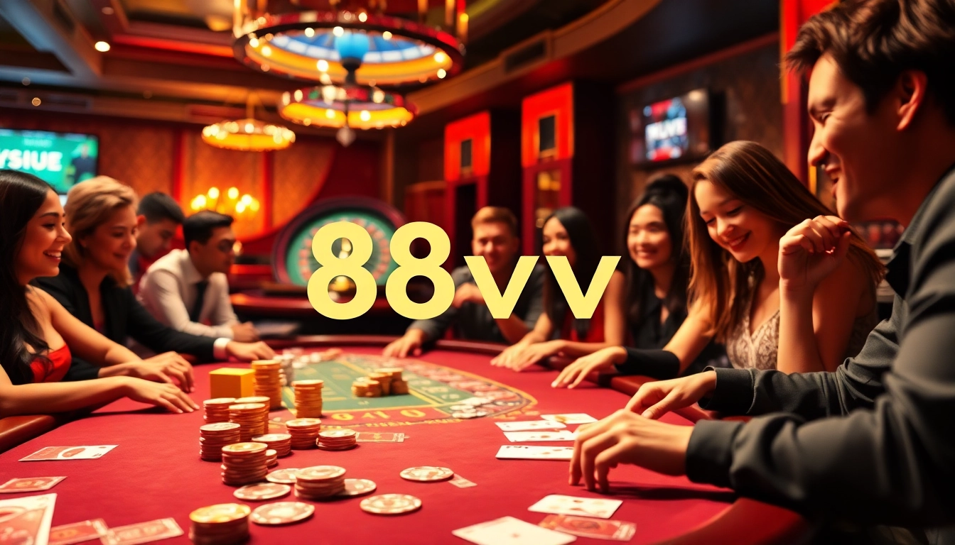 Players enjoying a thrilling game at 88vv casino, surrounded by vibrant poker chips and a roulette wheel.