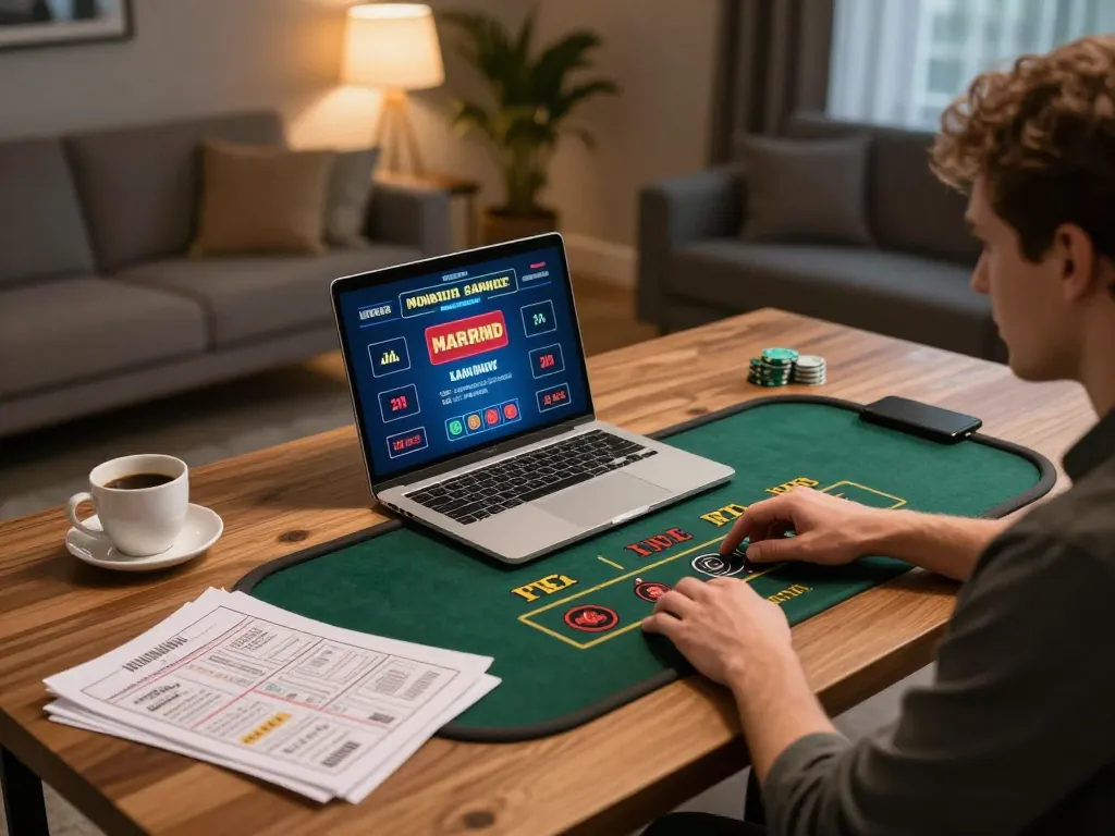 Engaging in live dealer games on vipwin with a cozy home setup, showcasing online gambling.