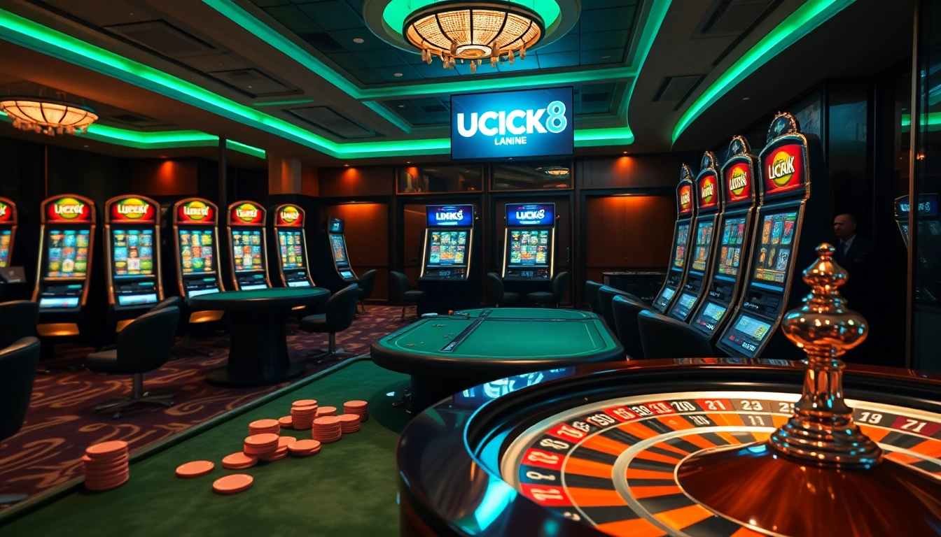 LUCK8 provides an exciting casino gaming environment with vibrant poker chips and engaging slot machines.