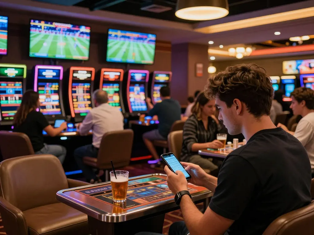 Engaging sports betting experience at steaksnlobsters, patrons analyzing odds while placing bets.