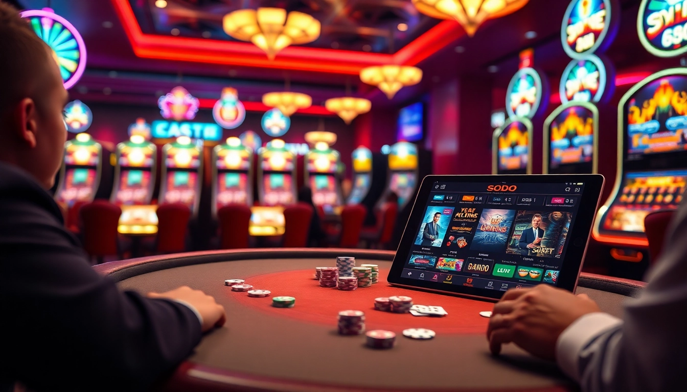 SODO Casino scene showcasing poker action with colorful chips and vibrant slot machines.