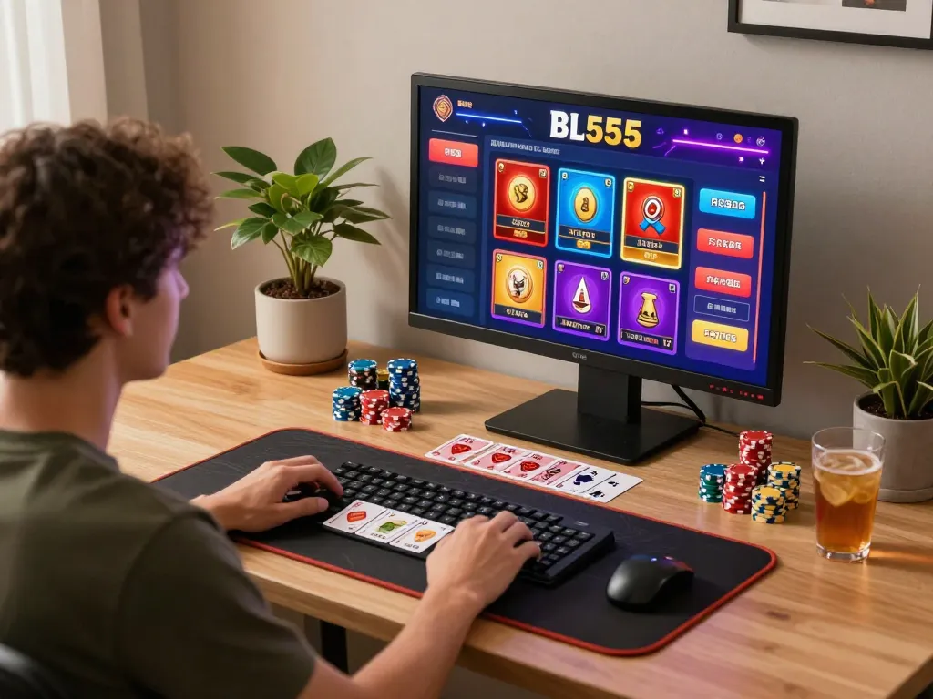 Person enjoying Bl555 online gaming with chips and cards, creating a strategic betting environment.