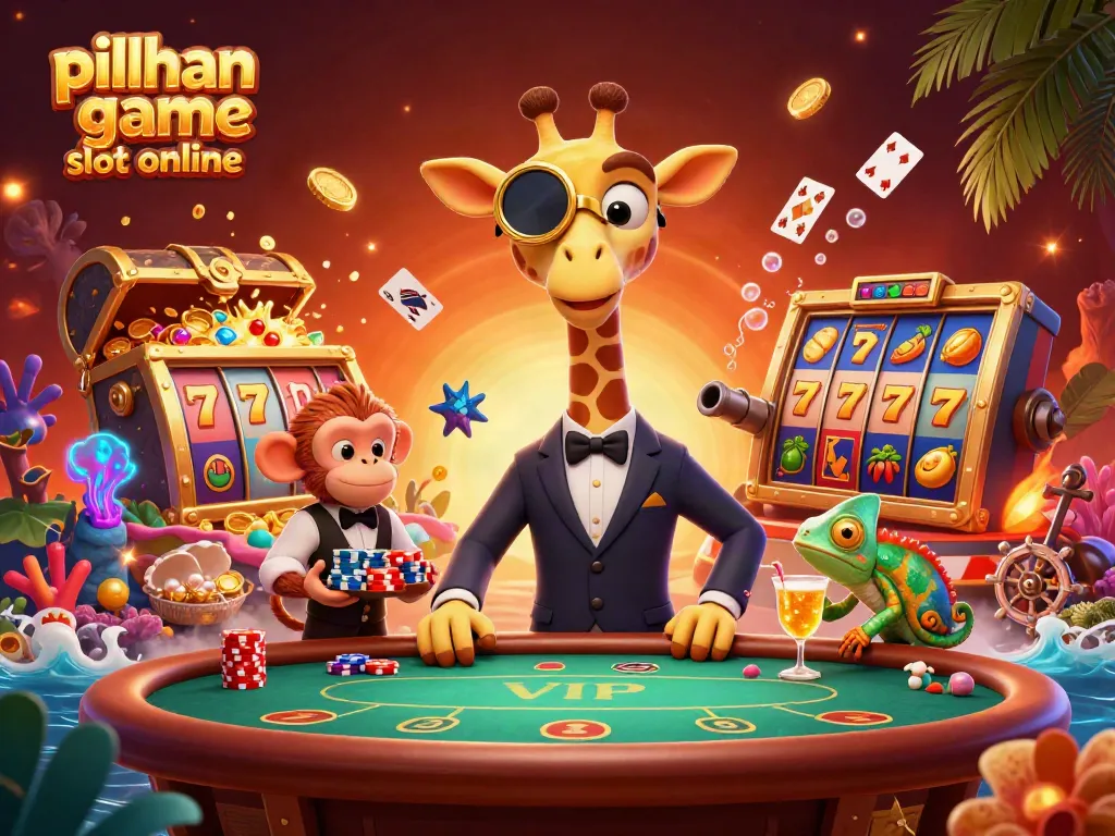 Grafik pilihan game slot online dengan jerapah, monyet, dan bunglon di kasino.