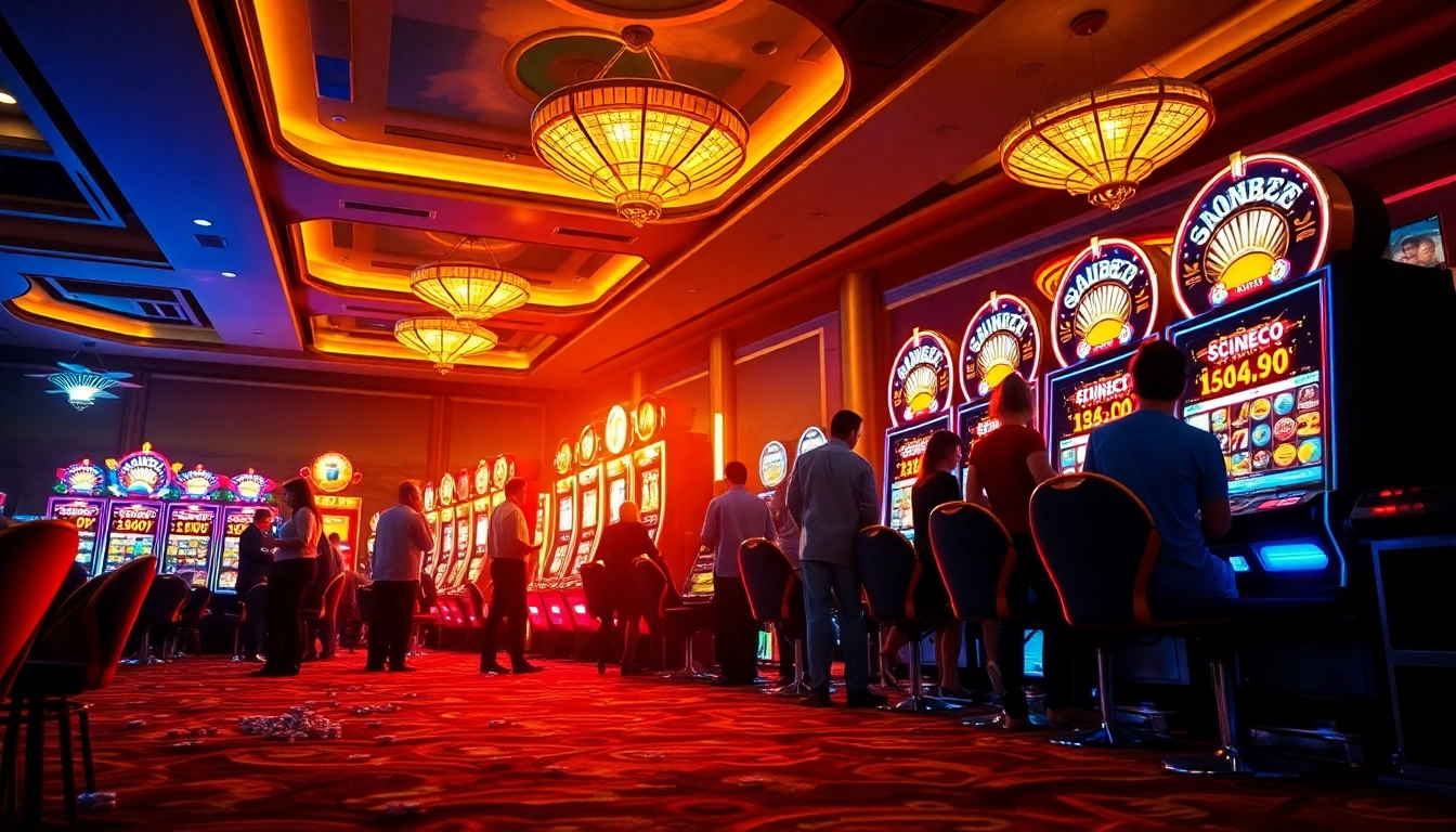 Experience the thrill of slot777 games at a vibrant casino with lively players and colorful slot machines.