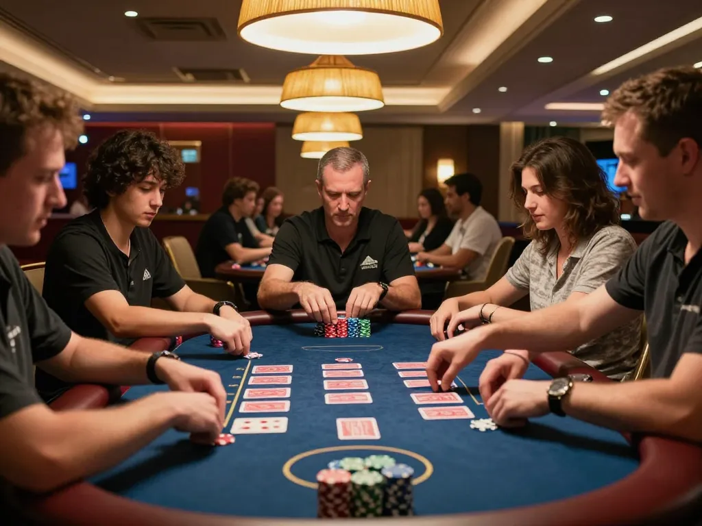 Players at a FAFA 828 poker table strategizing their next move in a luxurious casino setting.