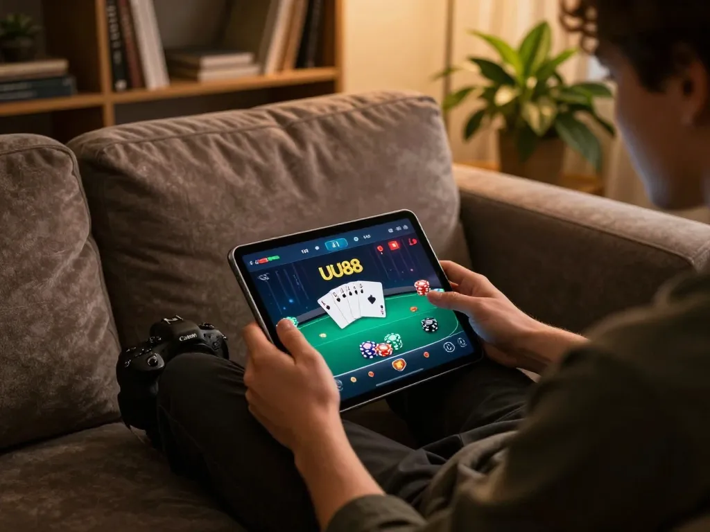 Engaging mobile gaming experience with UU88 casino app on a tablet in cozy home setting