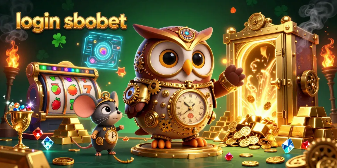 Spin and win with login sbobet in this vibrant 3D illustration showcasing steampunk-inspired characters amidst classic slot game elements.