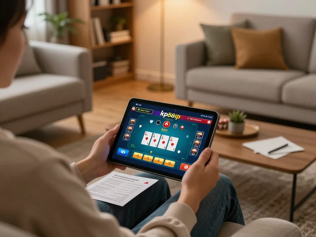 Engaging in kp88vip online poker on tablet at home, with strategic notes nearby.