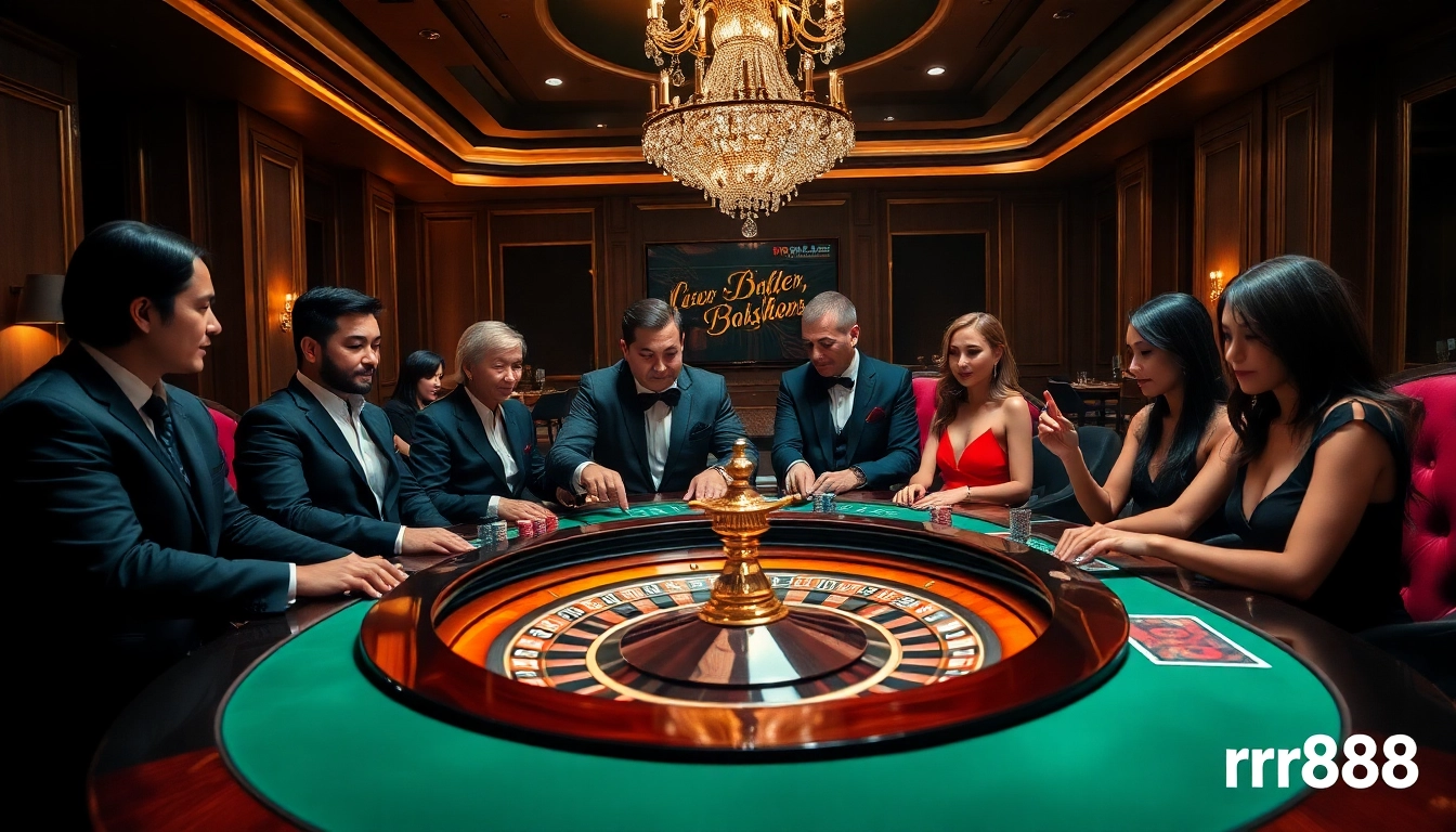 Exciting scene at rr88 casino with players enjoying a glamorous roulette game.