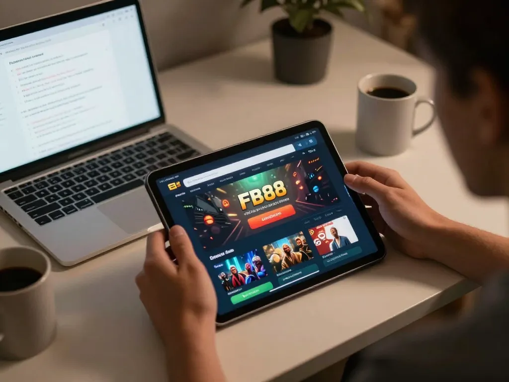 Player engaging strategically with FB88 mobile app on tablet while analyzing betting strategies