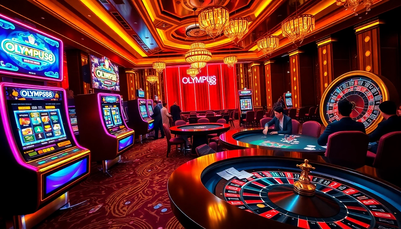 Experience the thrill of OLYMPUS88 in a vibrant casino scene filled with slot machines and poker excitement.