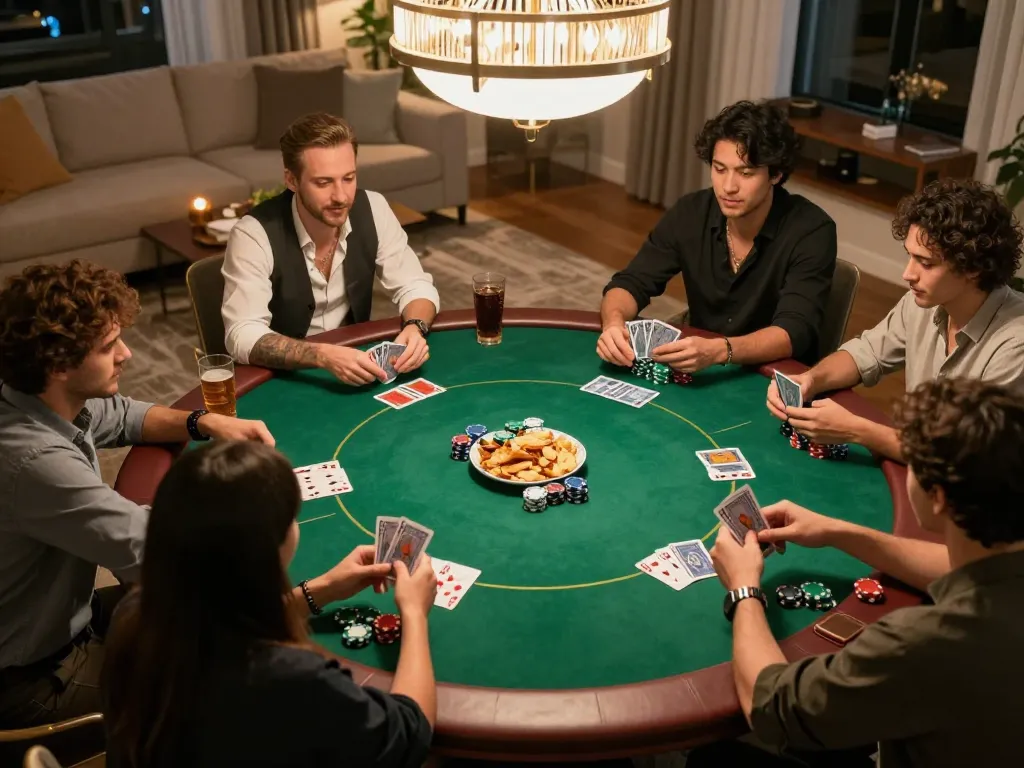 Poker enthusiasts engaging in a friendly game at home featuring the popular Jilipinas brand, warm atmosphere with snacks and drinks.