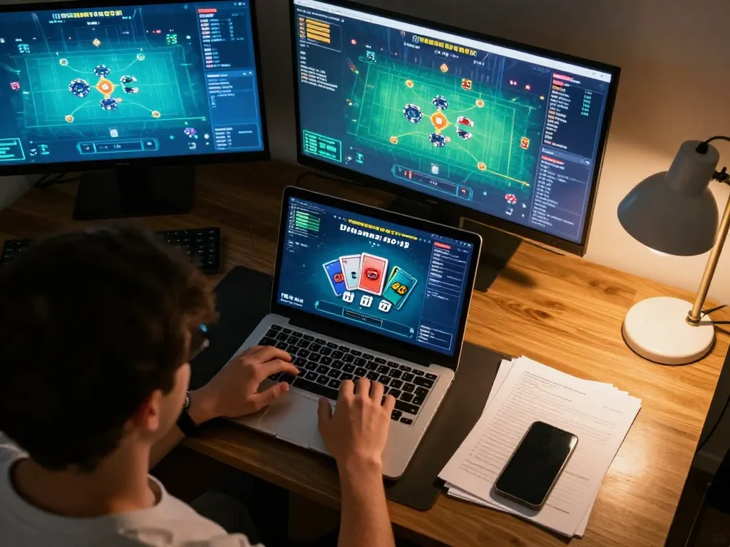 Player strategizing with Dinamit4D gameplay on a laptop in a cozy home office