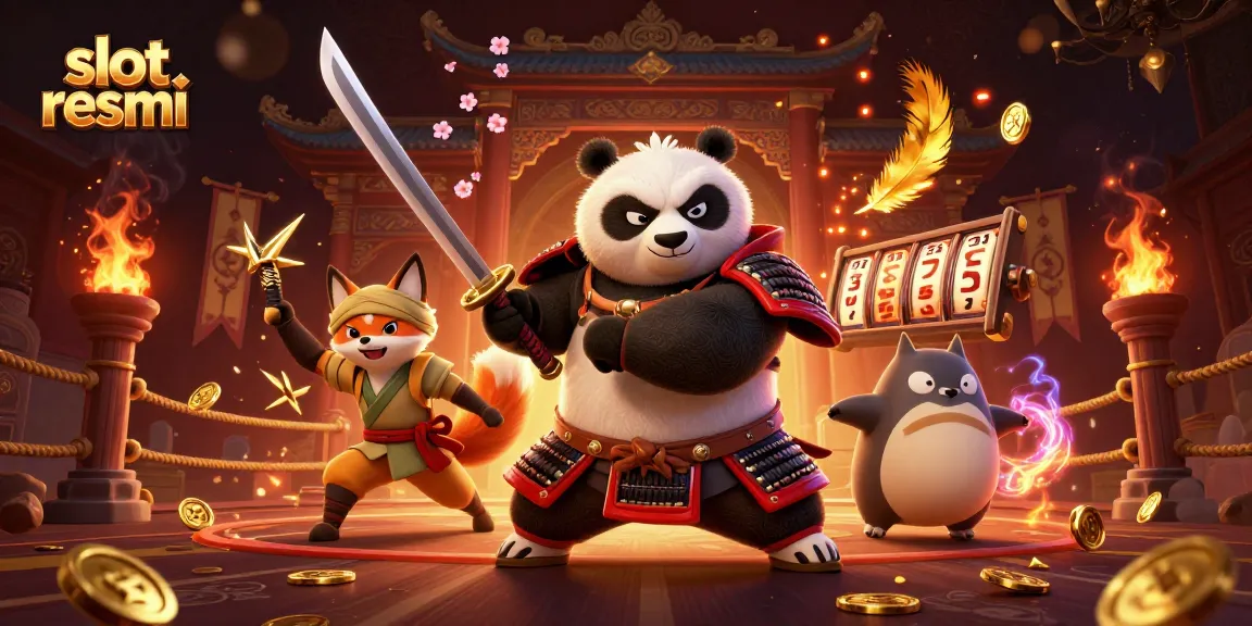 Experience slot resmi action with a fierce samurai panda and charismatic companions in this vibrant casino-themed illustration.