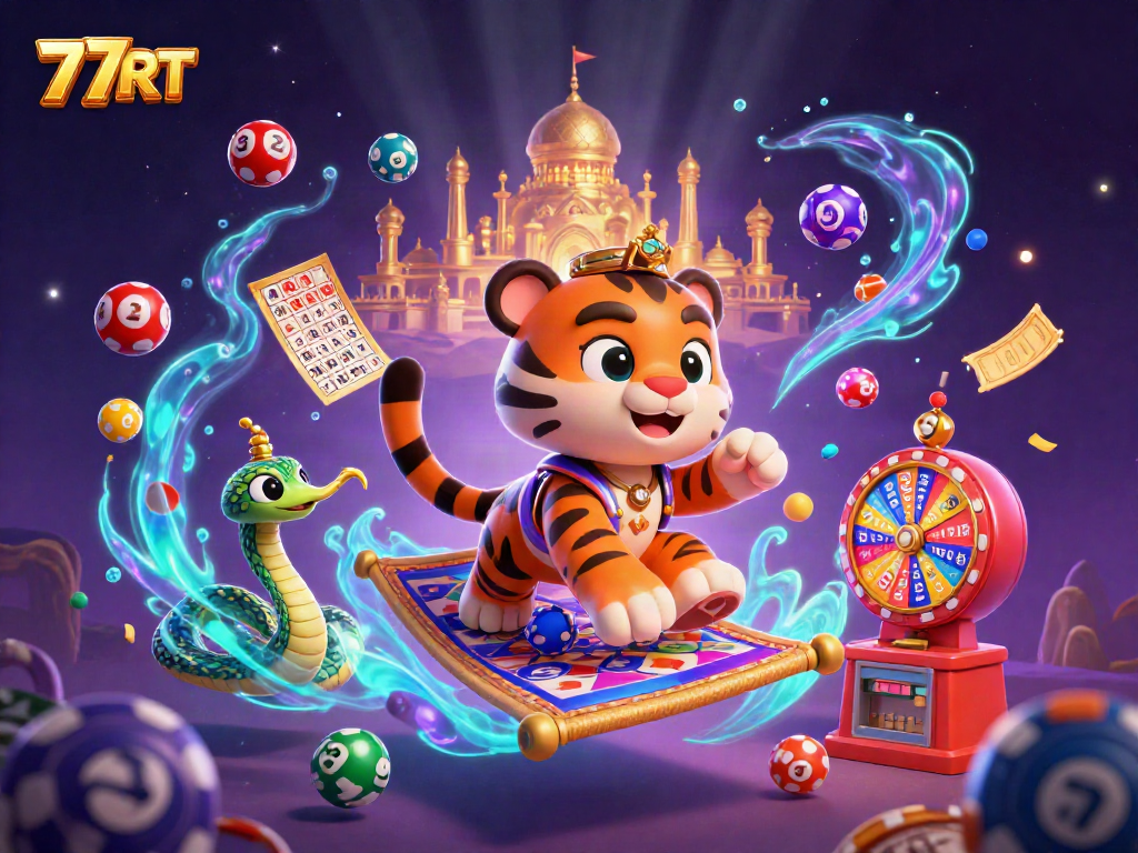 Experience the excitement of 77RT with vibrant casino elements and magical characters.