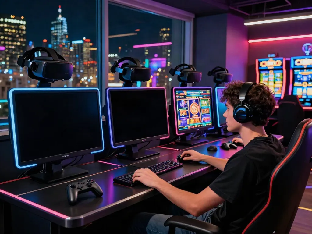 Engaged player enjoying a slot game at a modern online casino setup with vibrant screens.