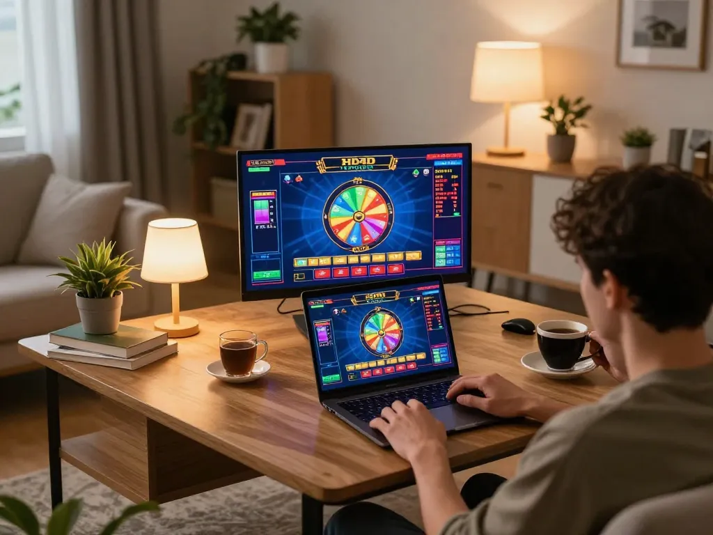 Pemain menikmati permainan kasino online HD4D di laptop di ruang tamu yang nyaman