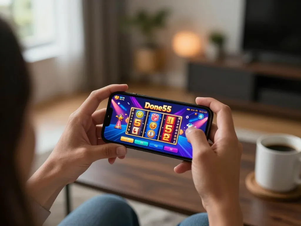 Engaged user playing done55 casino app on smartphone, showcasing vibrant game graphics.