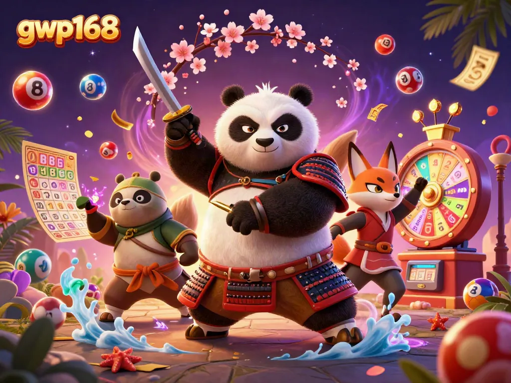 GWP168 bermain dengan karakter samurai panda dan ninja di latar belakang permainan lotere yang meriah