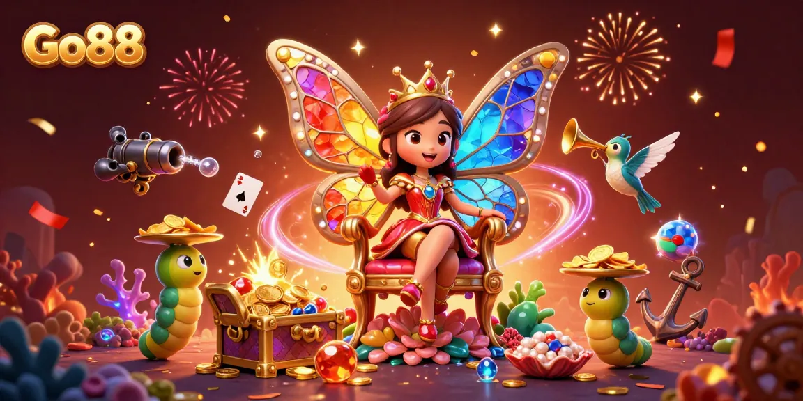 Engage in exciting gameplay at Go88 with a vibrant scene featuring a butterfly queen and treasure-filled adventure.