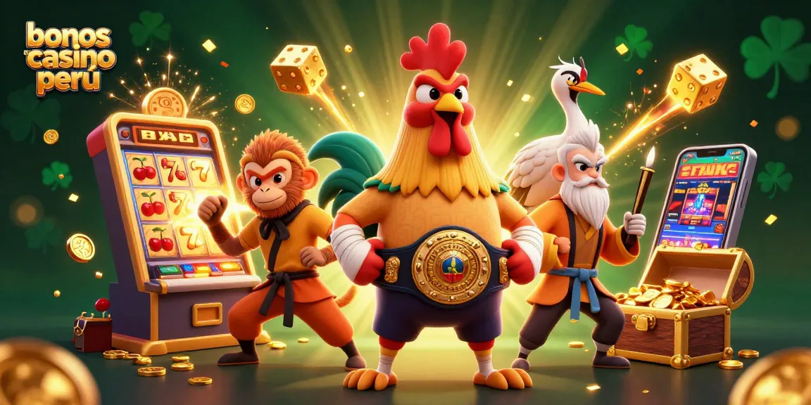 Descubre los bonos de casino Perú mientras disfrutas de una vibrante ilustración 3D de personajes y elementos de juego.