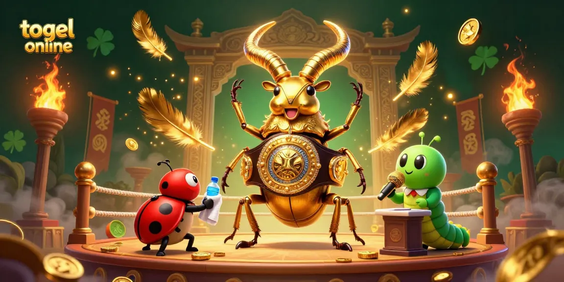 Experience excitement with togel online in a vibrant 3D confrontation between a golden stag beetle and quirky characters.