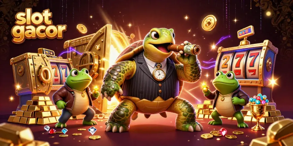 Experience the excitement of slot gacor with a whimsical scene featuring a turtle mobster and bullfrog enforcers.