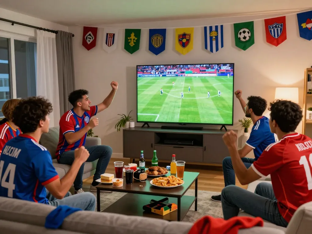 Soccer fans enjoying LuongSonTV live stream in a festive home setup