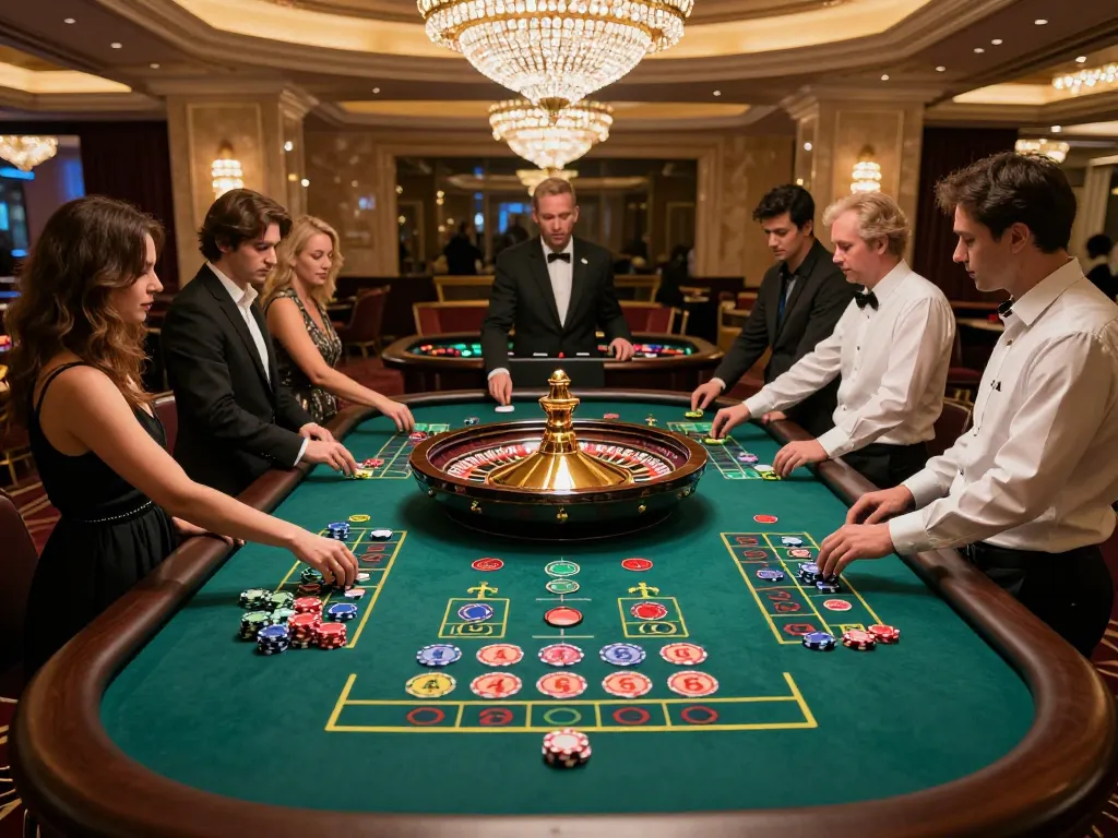 Players enthusiastically place bets at RR88's roulette table in a vibrant casino atmosphere.