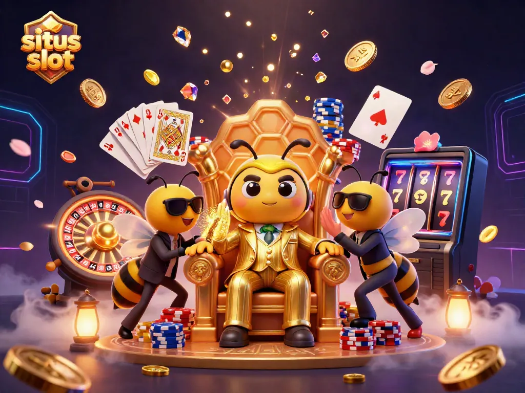 Permainan situs slot yang mengasyikkan dengan bos lebah kartun dan simbol keberuntungan.