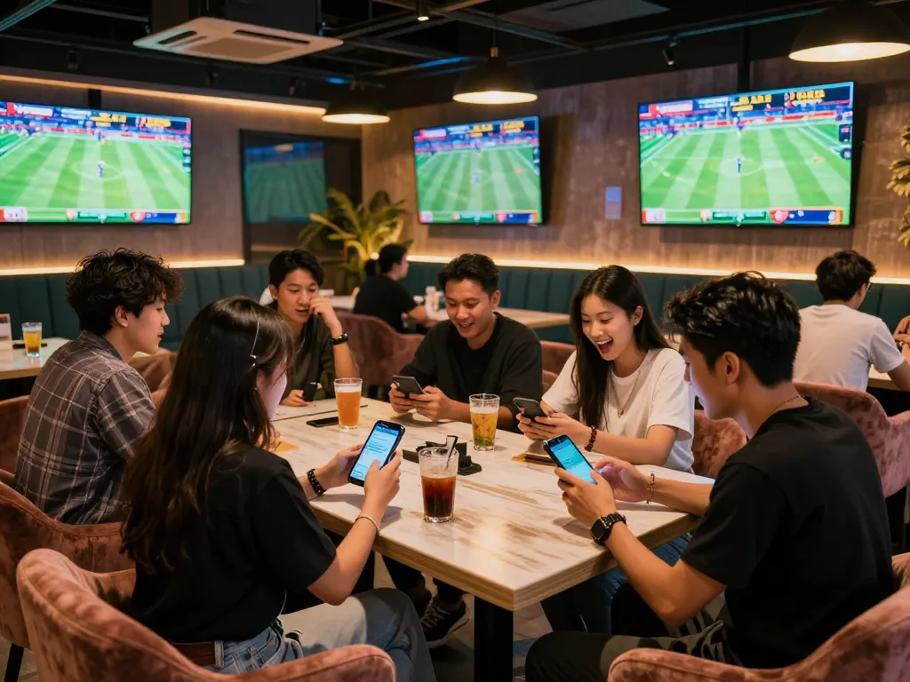 Friends engaging in sports betting while checking kèo nhà cái 5 updates in vibrant lounge