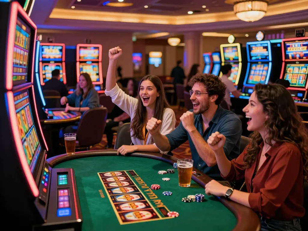 A group celebrating their win at aman788 slot machine with vibrant lights and atmosphere.