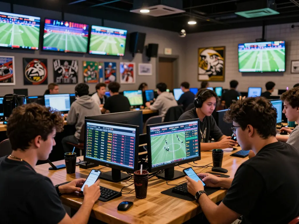 Engaged bettors strategizing for game odds at bem88l's dynamic sports betting area.