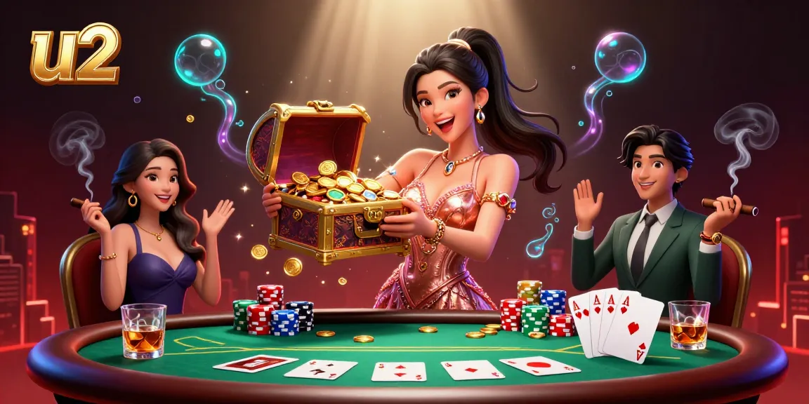 Engaging u2 casino illustration showcasing a joyful Asian woman presenting treasures amidst poker elements.