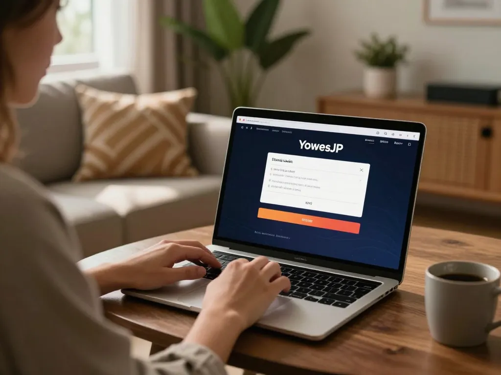 Engaging with YowesJP login on a laptop in a cozy home setting, emphasizing online gaming strategy.