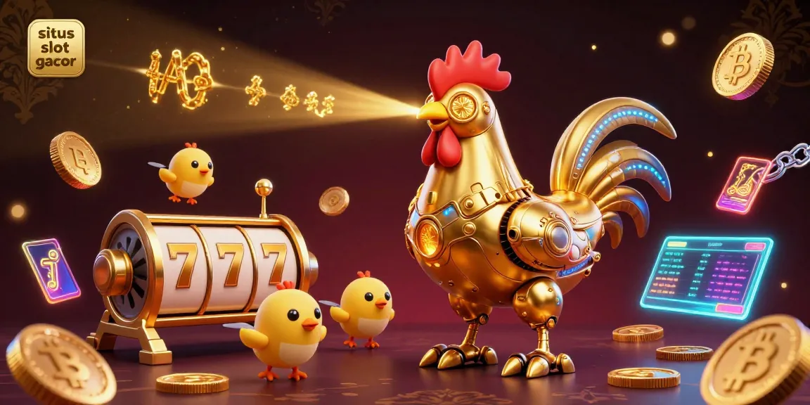 Situs slot gacor: A dynamic casino scene with a golden rooster robot and baby chick drones surrounded by animated slot reels and glowing crypto coins.