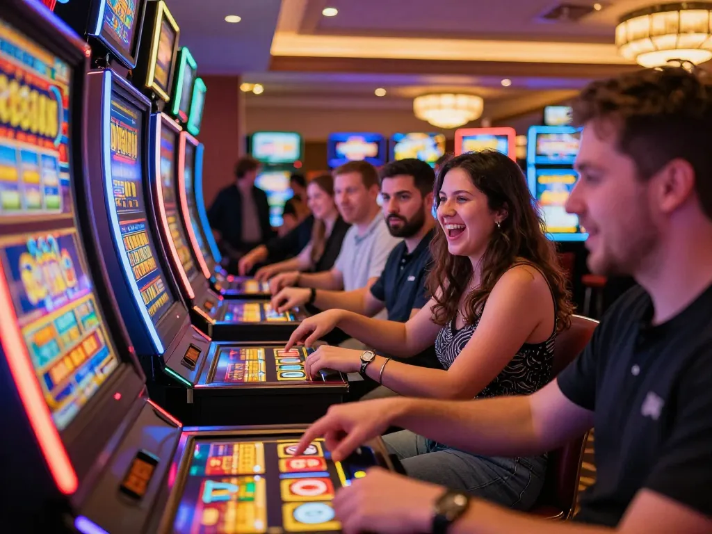 IDNSCORE players enjoying thrilling slot machines with vibrant lights and dynamic gameplay