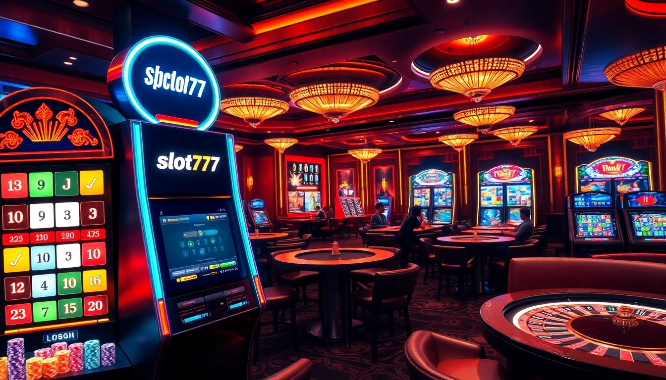 A player engages with the slot777 login thrilling experience at a vibrant casino featuring slot machines and lively atmosphere.