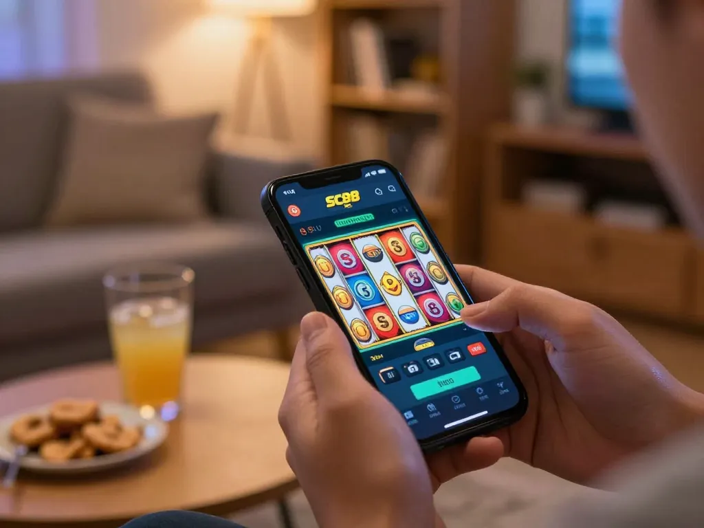 Play SC88 BET on your smartphone in a cozy setting, showcasing dynamic online slots experience.