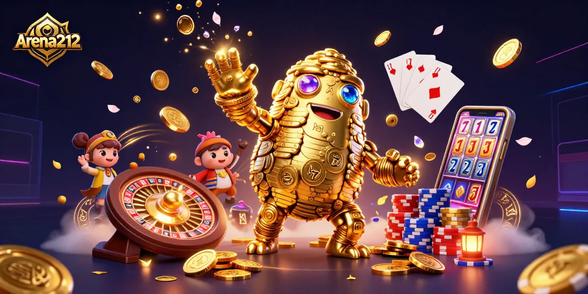 Menangkan jackpot dengan arena212, golem emas berputar dengan simbol mesin slot yang mengkilap.