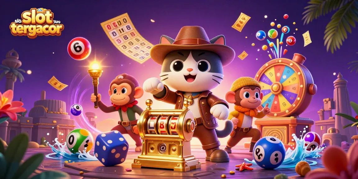 Situating the situs toto slot tergacor within a vibrant scene of a treasure hunt featuring an explorer cat and a monkey