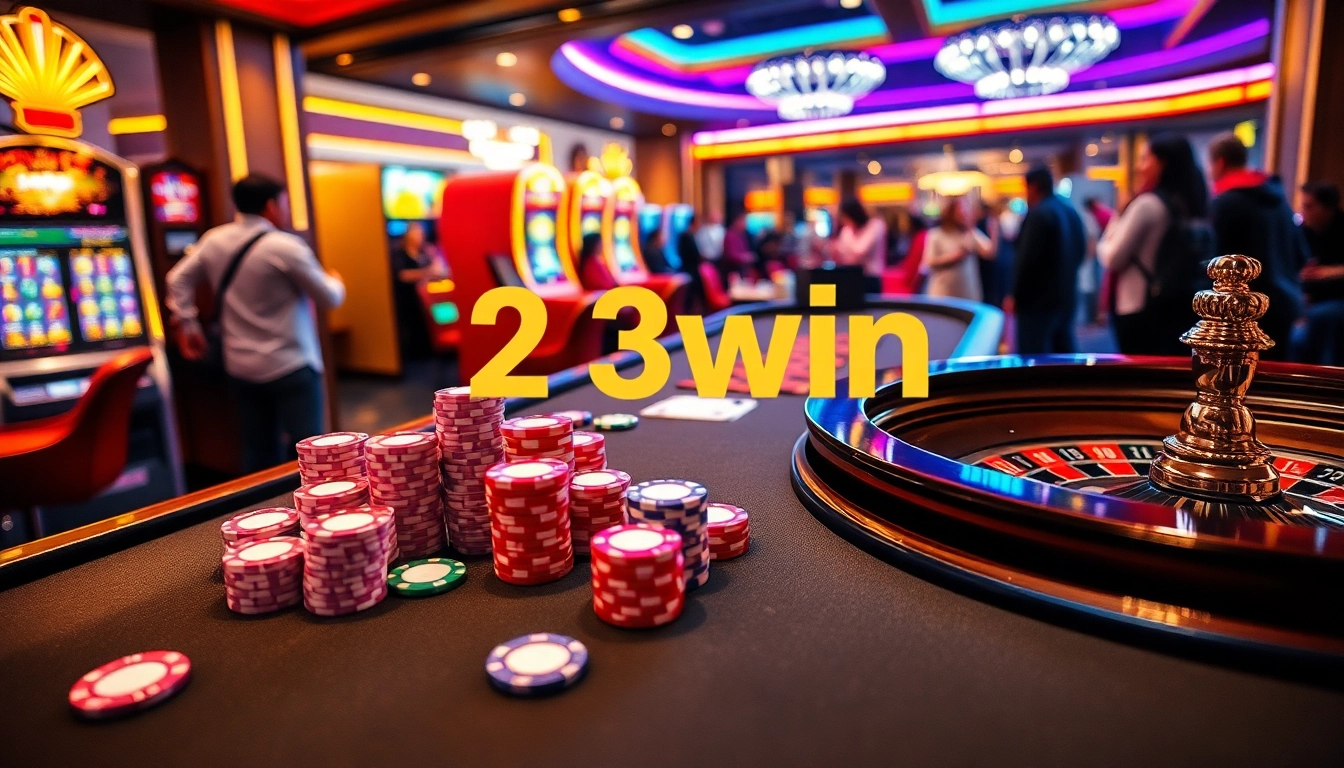 Experience the vibrant casino excitement at 23win with poker chips and roulette tables.