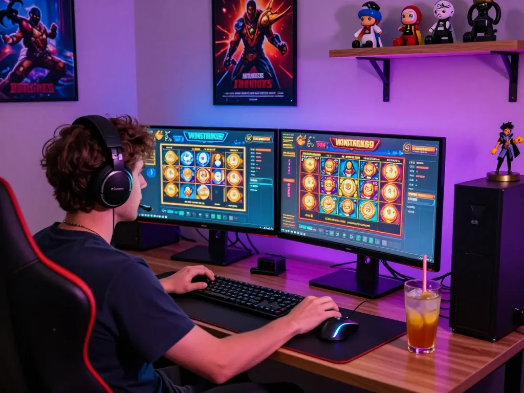 Player enjoying Winstrike69 slot games in a vibrant gaming setup with colorful LED lights.