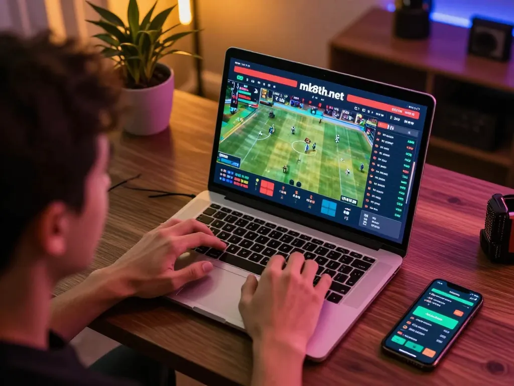 Engage in sports betting at mk8th.net, featuring a player analyzing live odds on a laptop.
