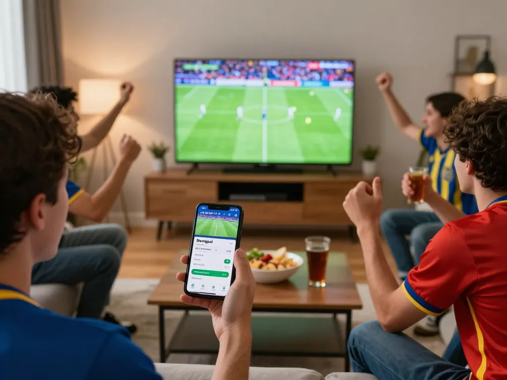Friends enjoying a football match while using the Nowgoal app for live scores.