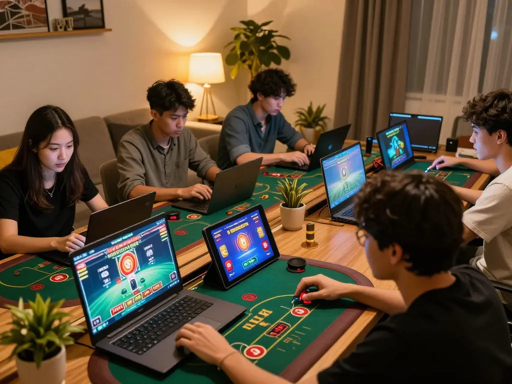 Players engaging in online casino games through okking1, focusing on poker and slots in a cozy environment.