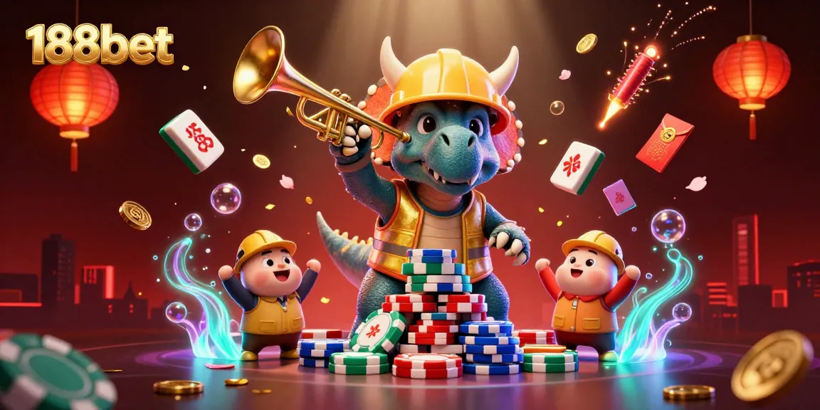 Engage with 188bet's vibrant scene featuring a triceratops and celebratory elements in a dynamic casino setting.