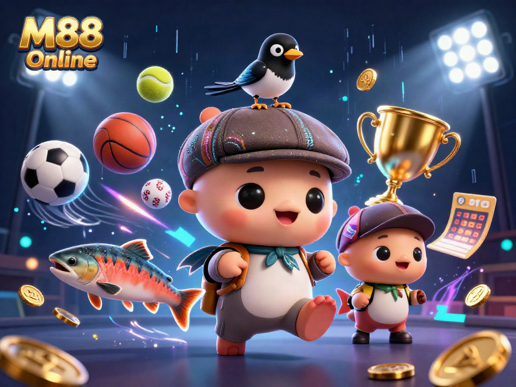 Experience thrilling gaming moments with M88 Online showcasing playful characters and dynamic sports elements.